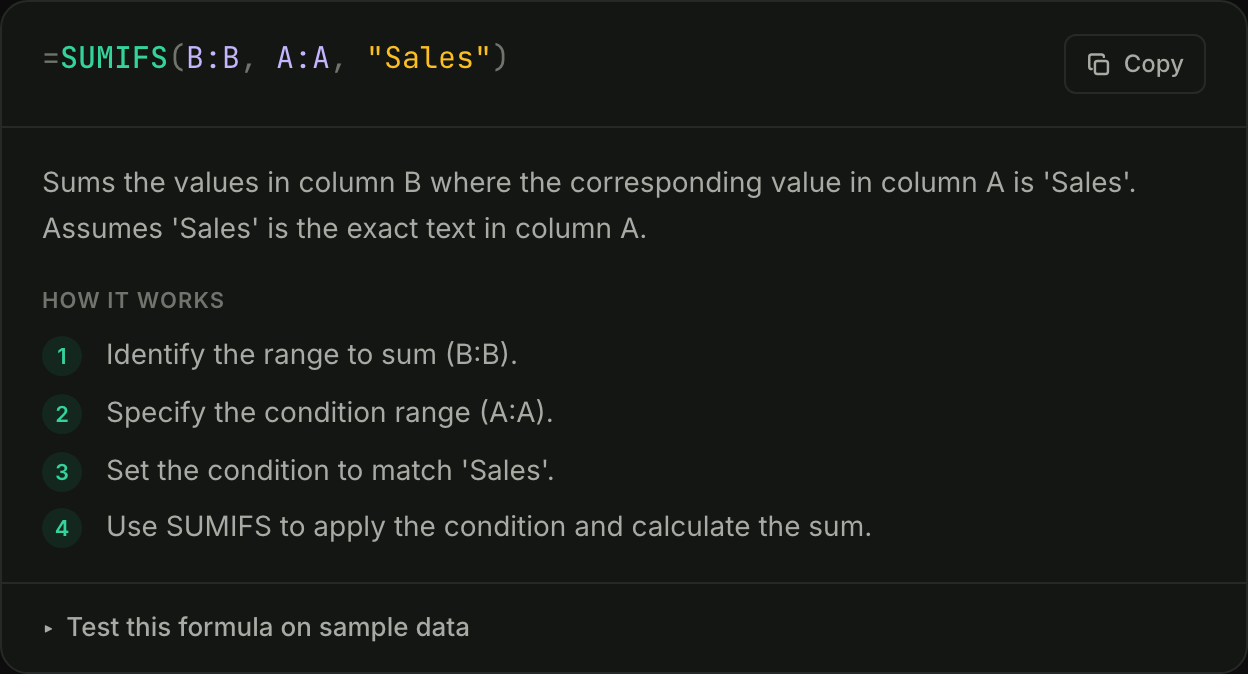A generated SUMIF formula with an explanation and a step-by-step breakdown