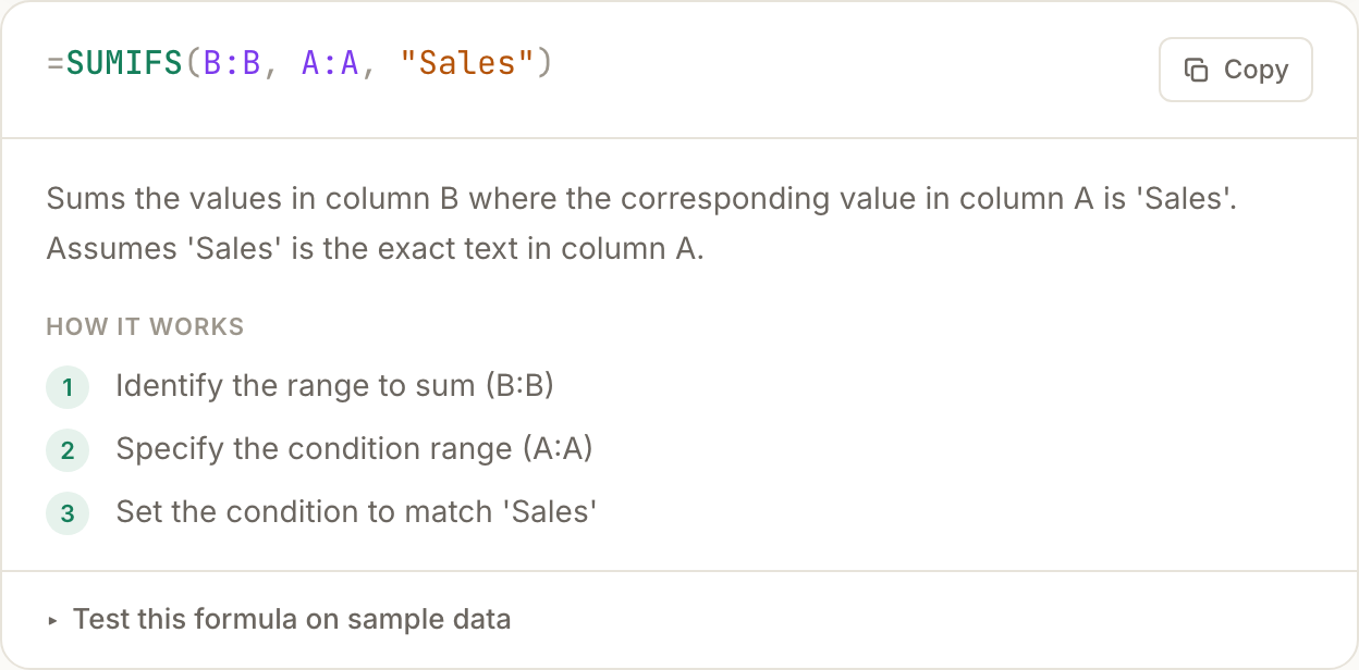 A generated SUMIF formula with an explanation and a step-by-step breakdown