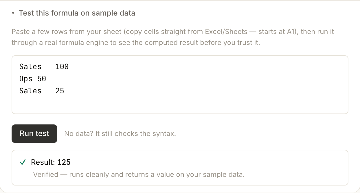 Verified execution panel computing Result: 125 on pasted sample data